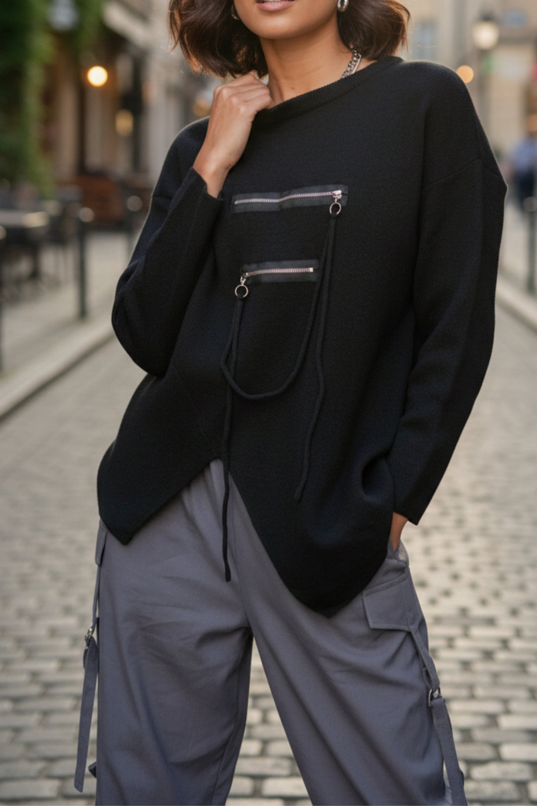 Black Zipline Geometrical Sweater