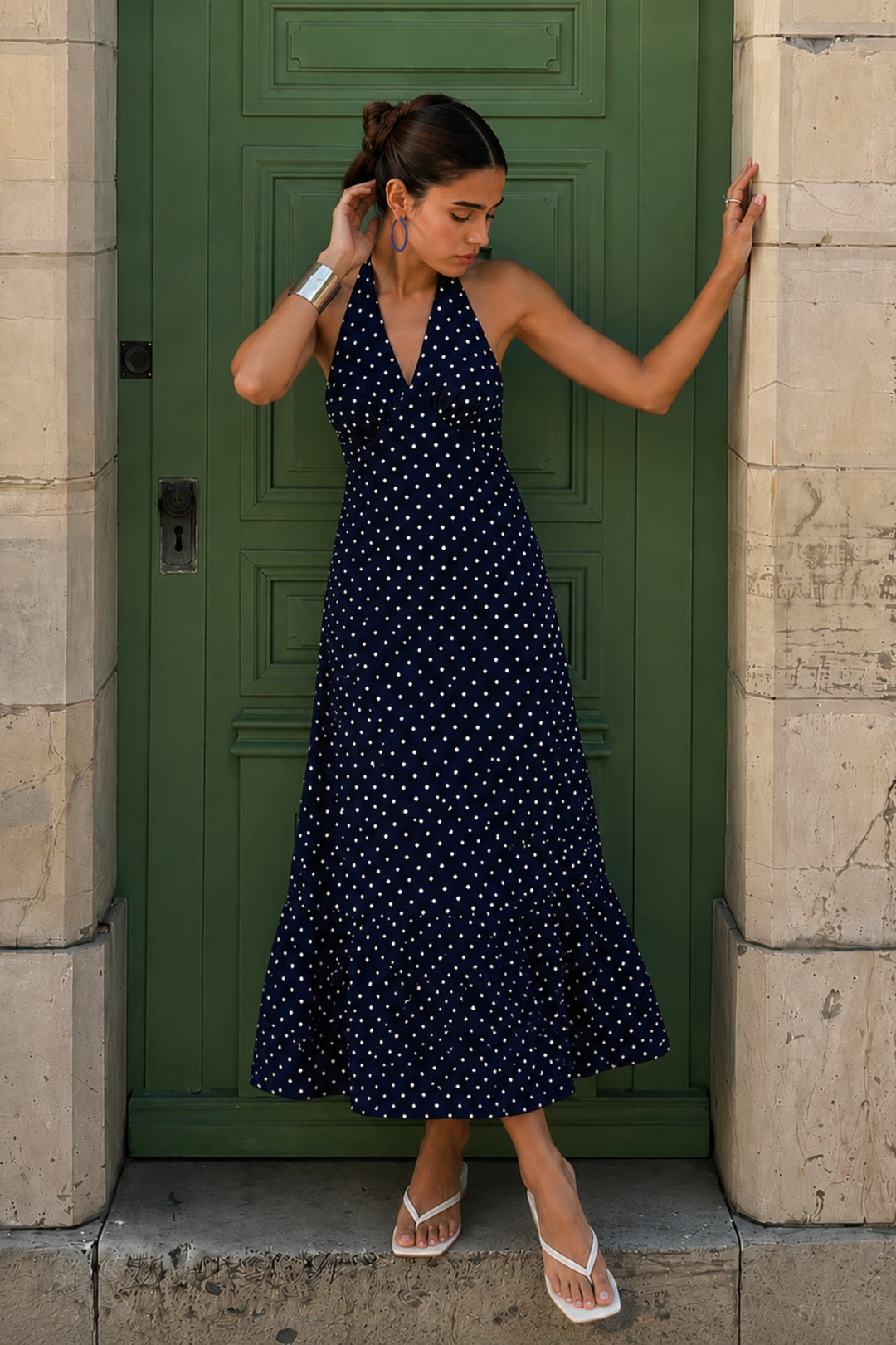 Navy Blue Polka Dot Halter Maxi Dress