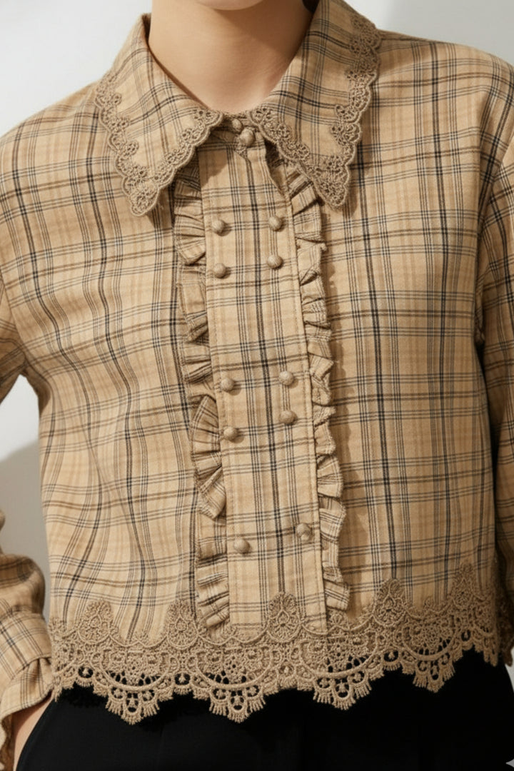 Caramel Plaid Lace Hem Ruffle Shirt