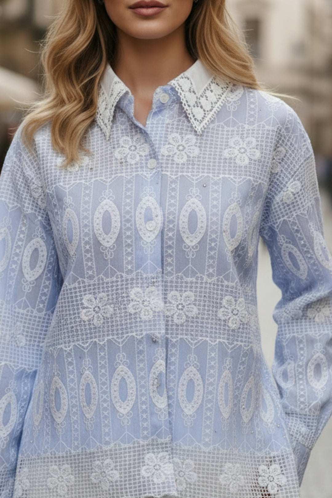 Ice Blue White Embroidered Shirt