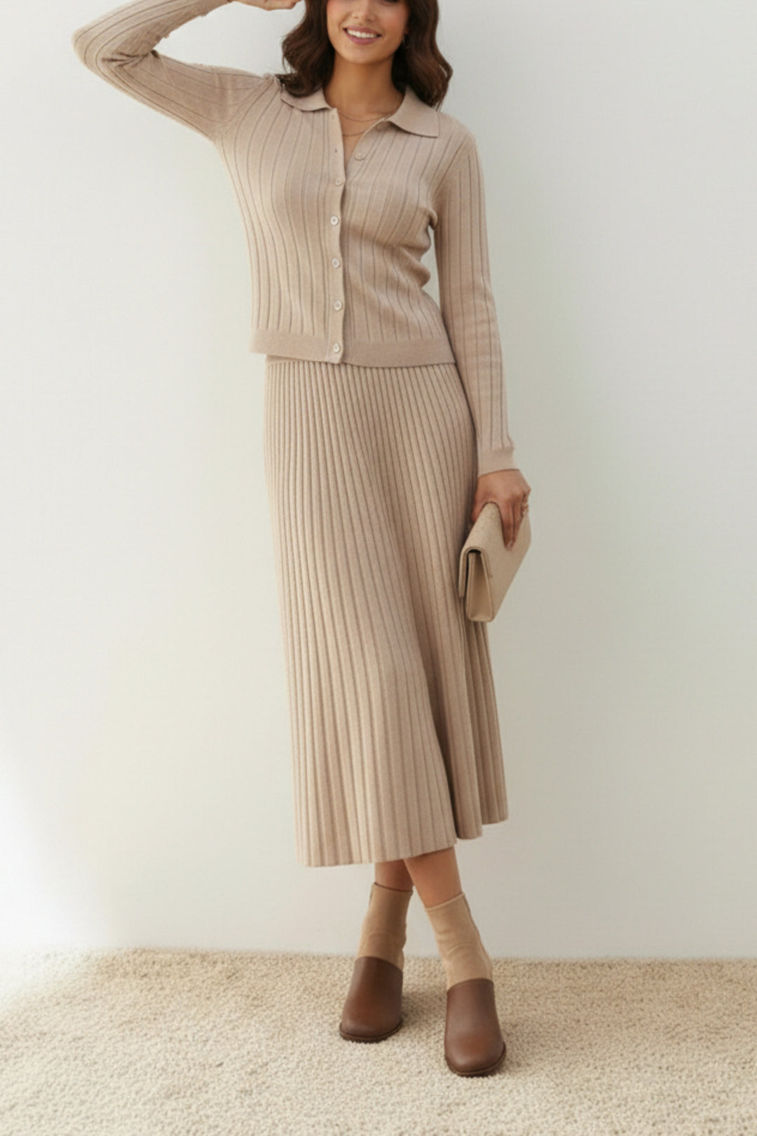 Latte Pleated Knit Skirt  Co-ord Set