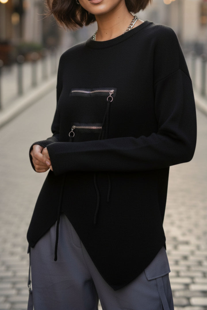Black Zipline Geometrical Sweater