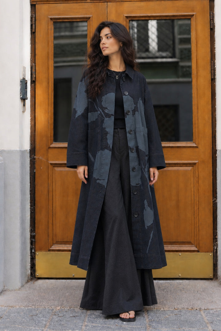 Women's black printed denim trench coat