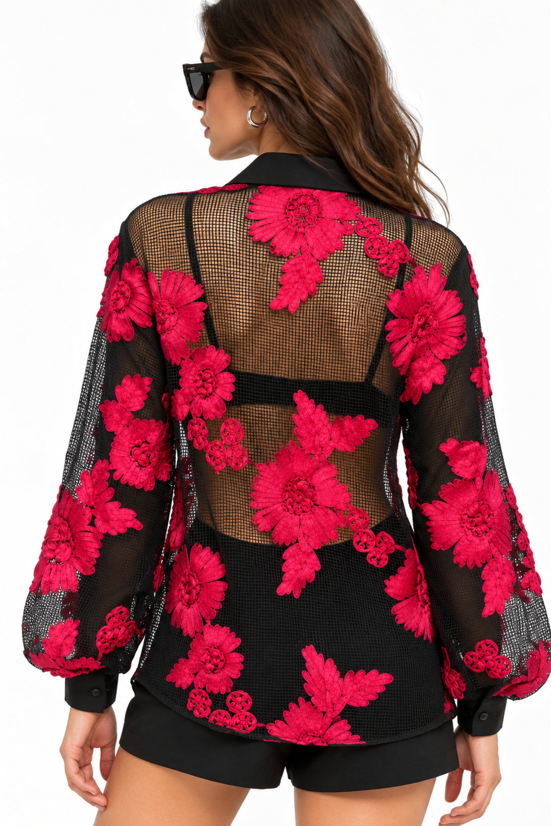 Floral sheer button-down shirt for women