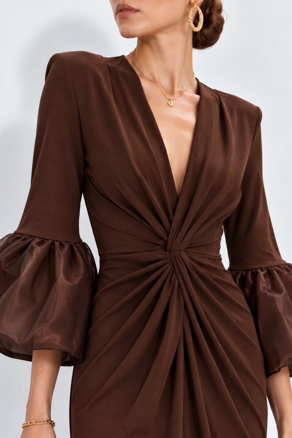 Brown fitted maxi dress with flared cuffs
