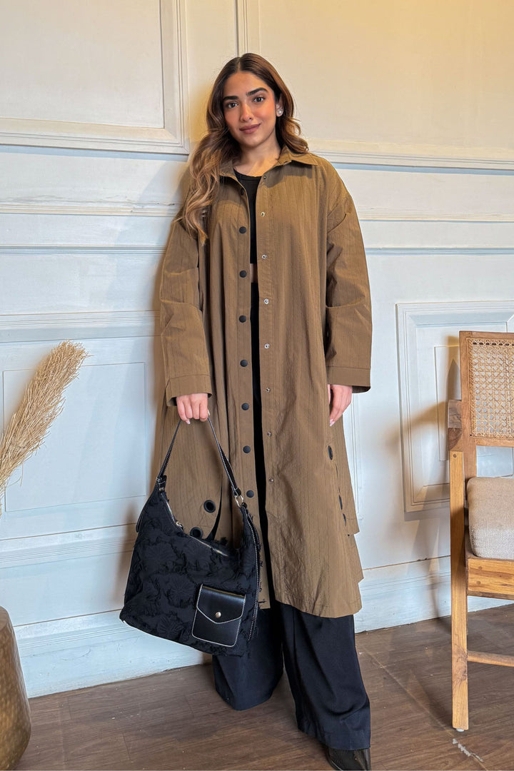 Brown Textured Eyelet Streetwear Trench Coat