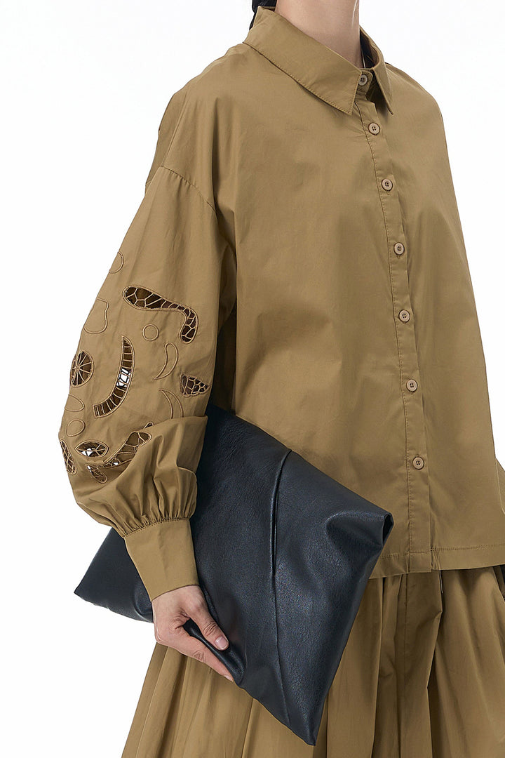 Camel Cutwork Sleeves Shirt