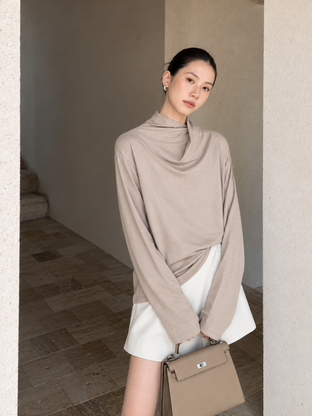 Camel Cowl-Neck Top