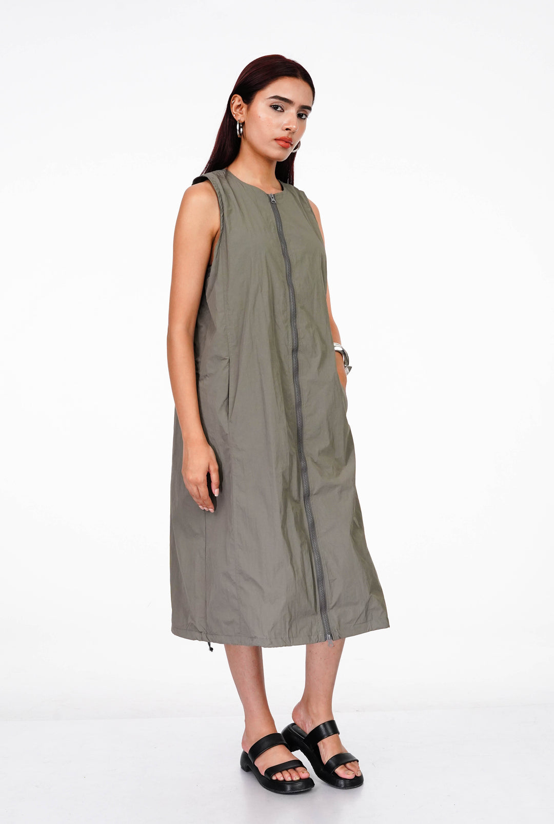 Grey Teak Double Slider Zipper Vest Dress