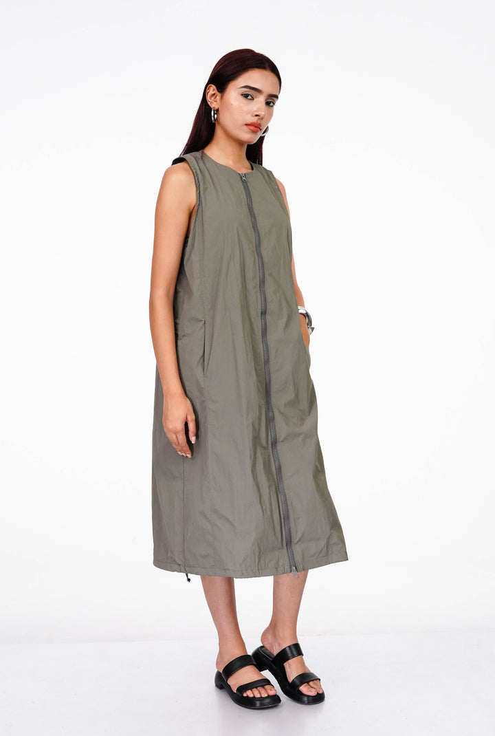 Grey Teak Double Slider Zipper Vest Dress