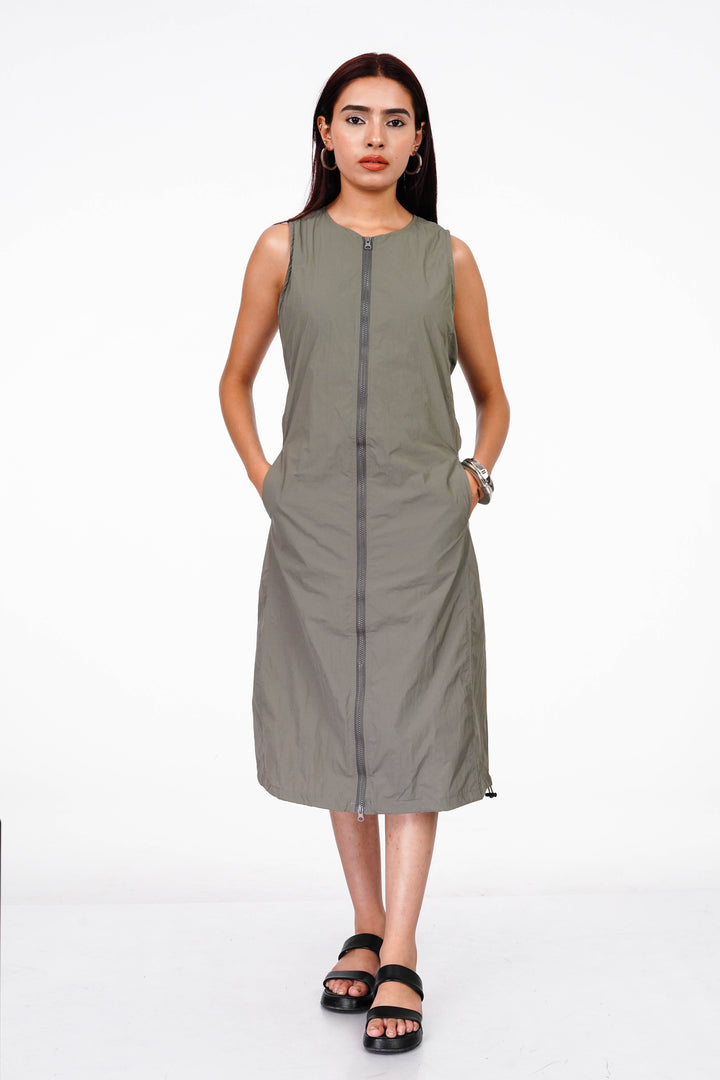 Grey Teak Double Slider Zipper Vest Dress
