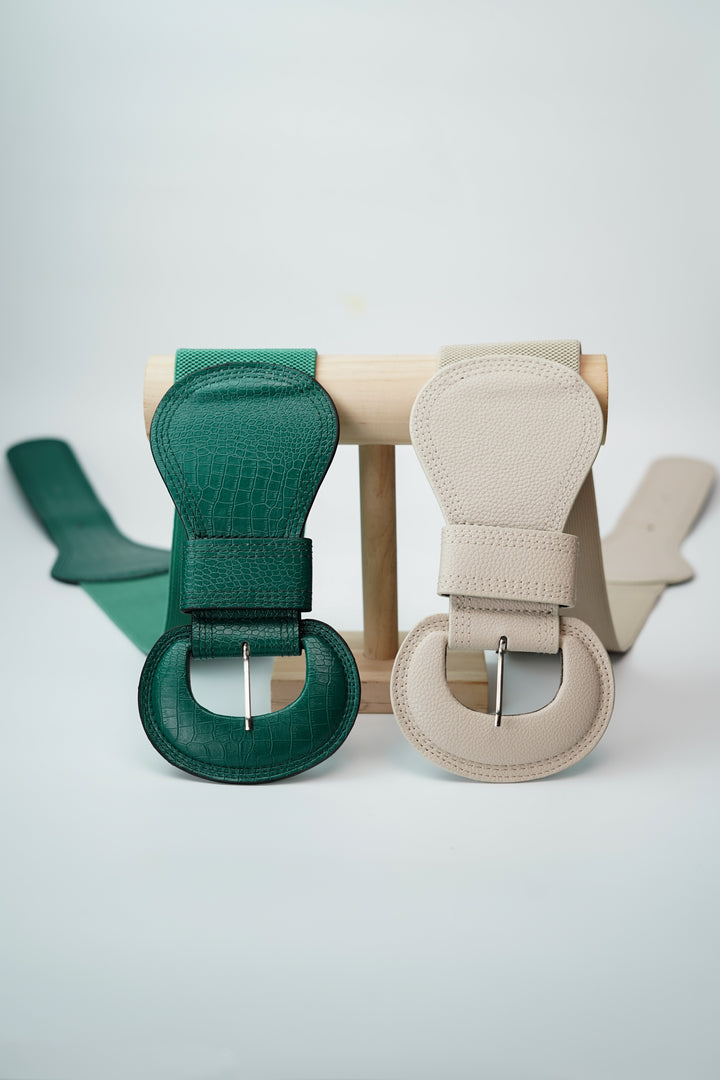 Designer elastic belts with buckle closure