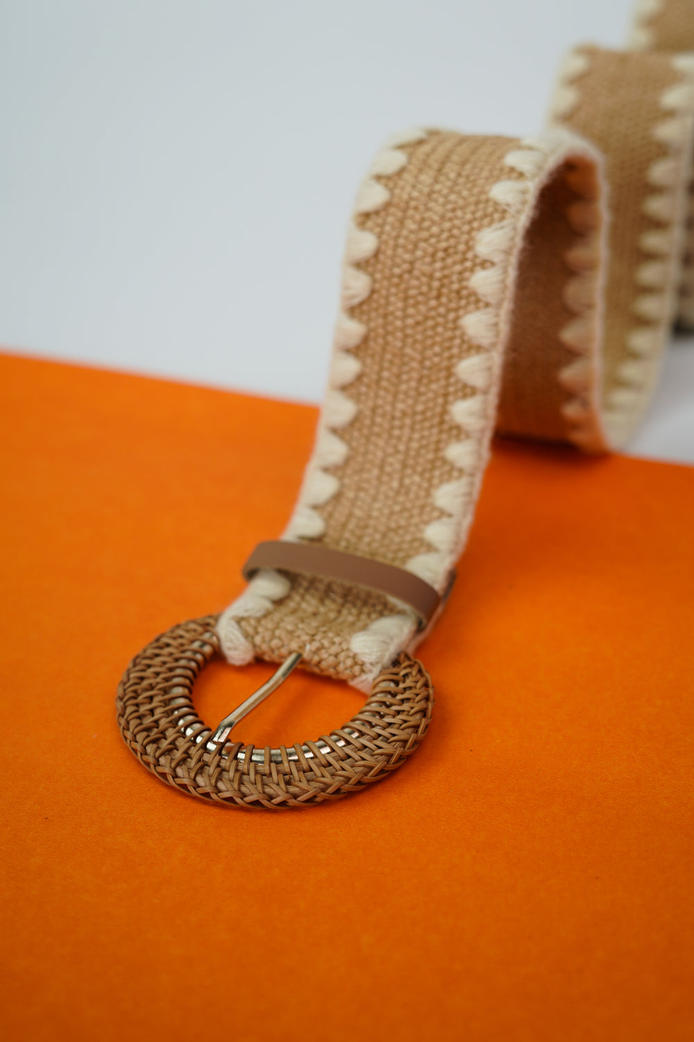 Close up of Stretchable Belt with Harvest Straw Woven Pattern