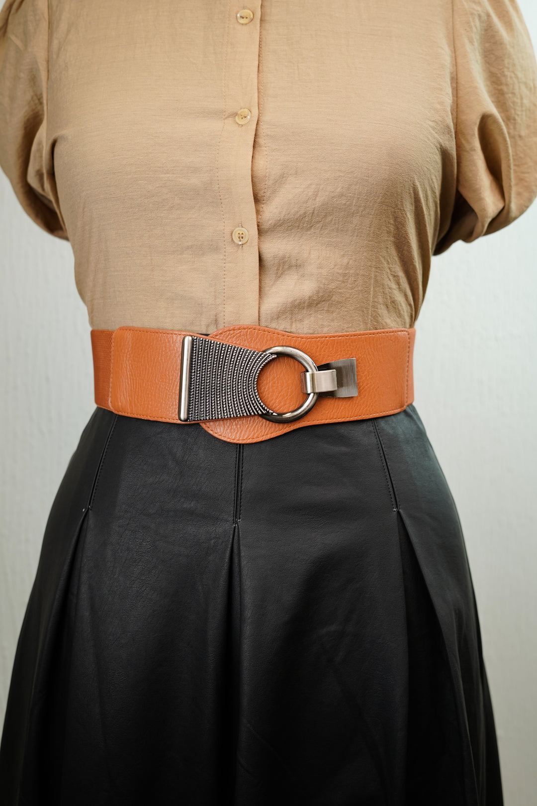 Tan brown interlock buckle belt for women
