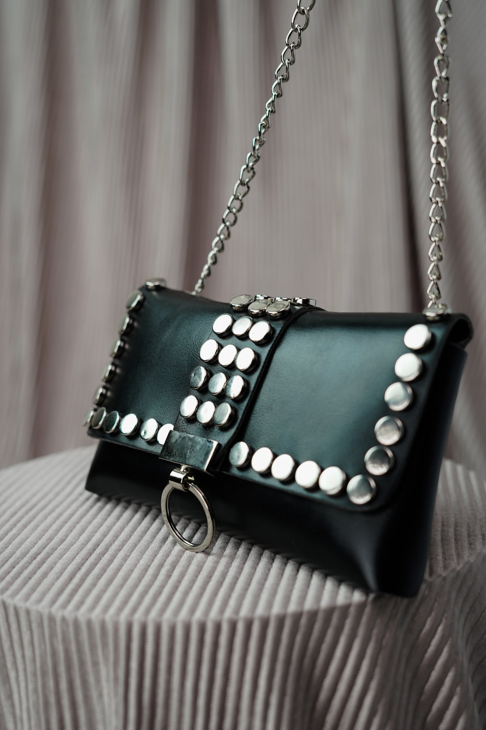 Trendsetting Studded Black Belted Hip Bag with Sleek Accents