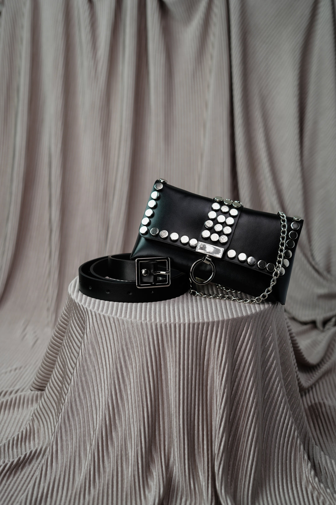 Elegantly Designed Black Studded Waist Belt Bag for Urban Fashion