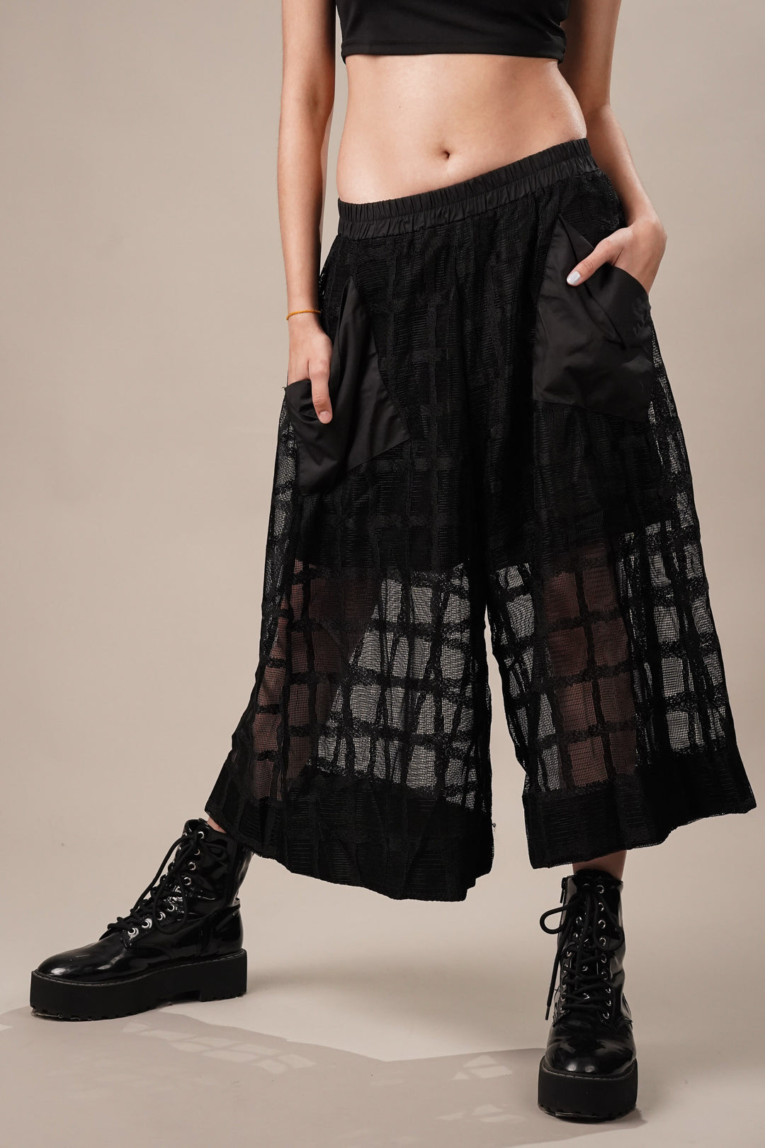 Black net culottes with elastic waist