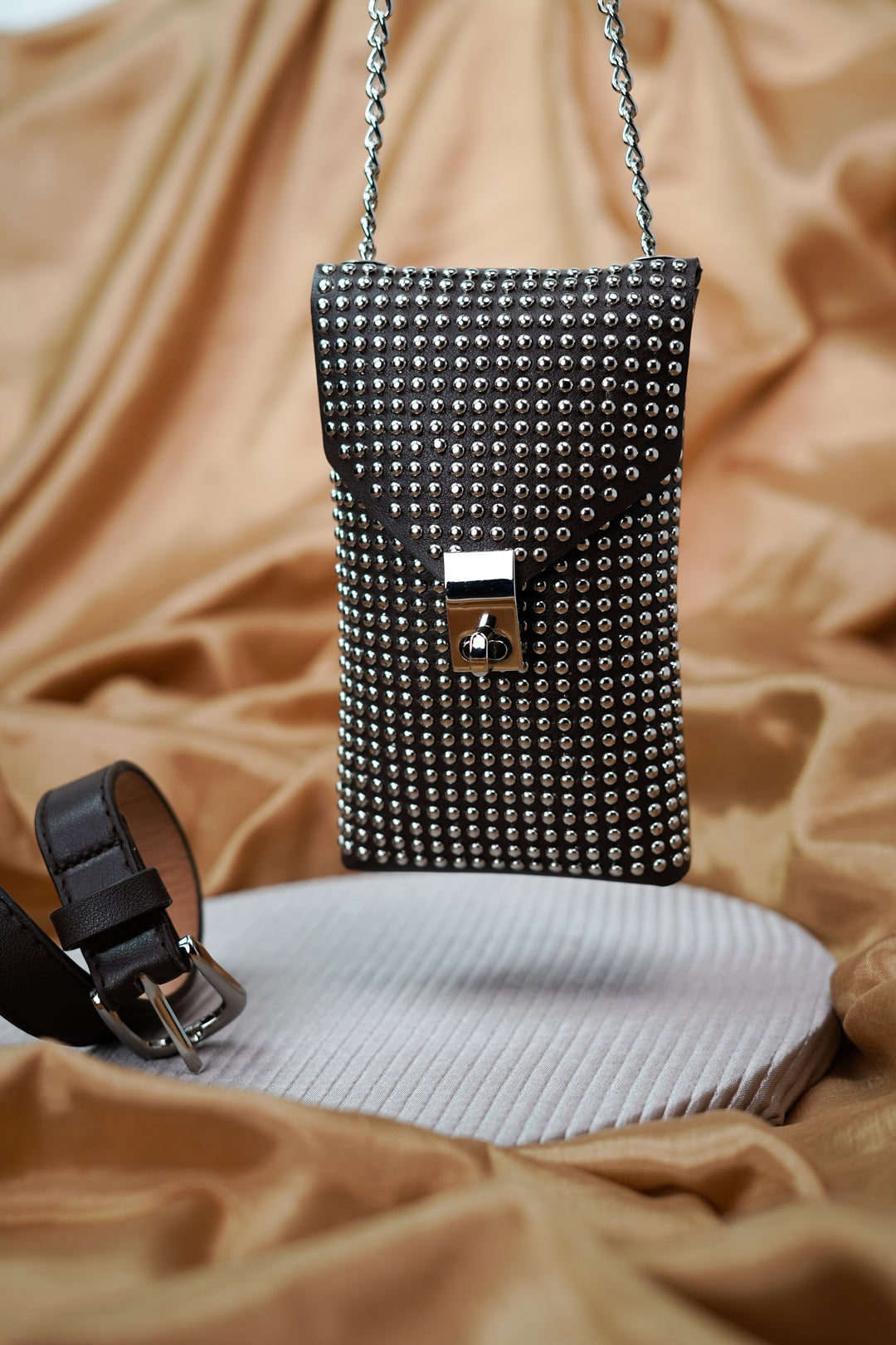 Sophisticated Silver Studded Browny Rich Waist Pouch