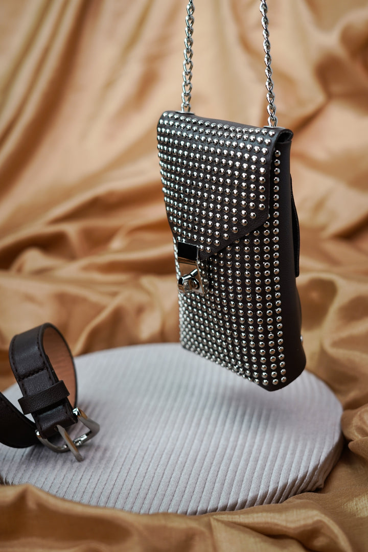 Trendy Browny Rich Belt Bag Adorned with Silver Studs