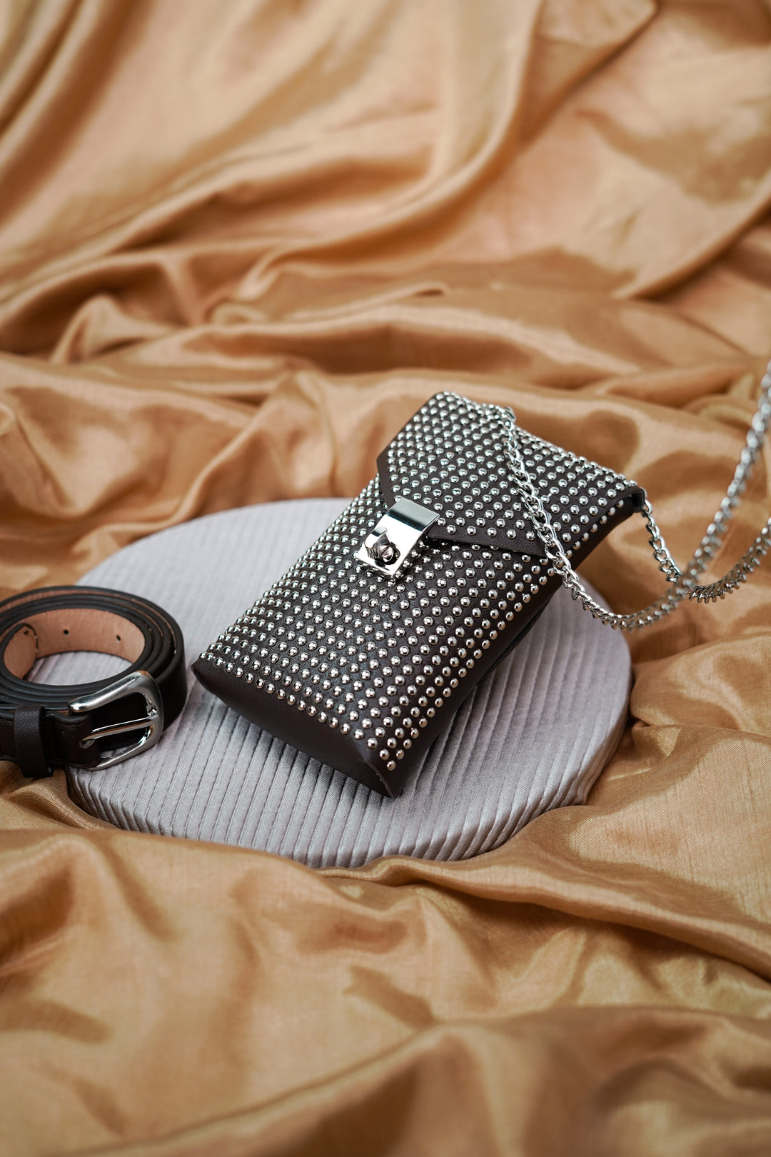 Luxurious Browny Rich Silver Stud Waist Belt Bag