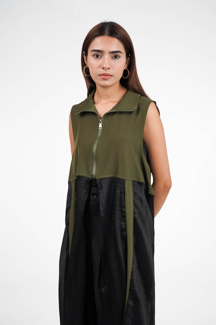 Army Green Zippered Longline Top