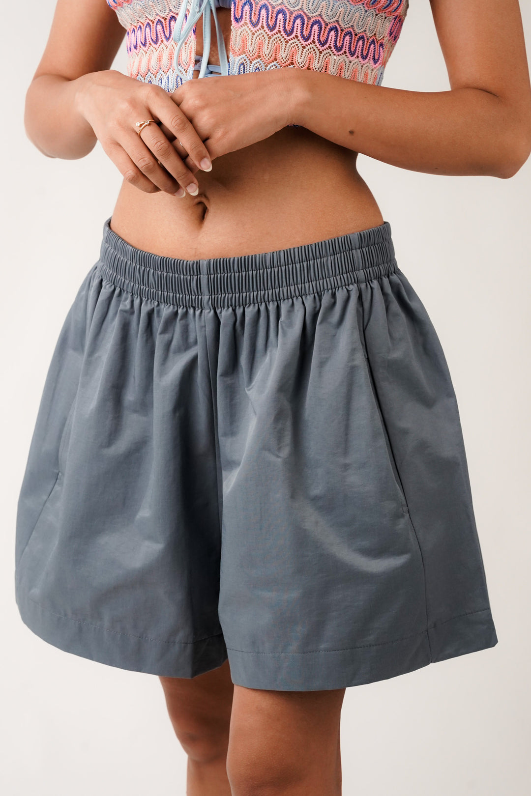 Chic Grey High Waist Shorts with Elasticated Waistband