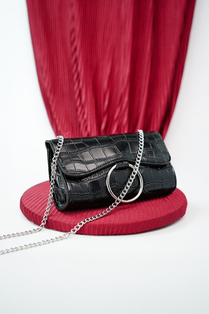black Croc-effect Belt Bag for parties