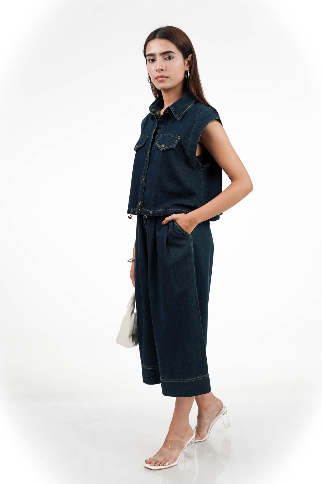 Cotton Denim Shirt And Pant Coord Set