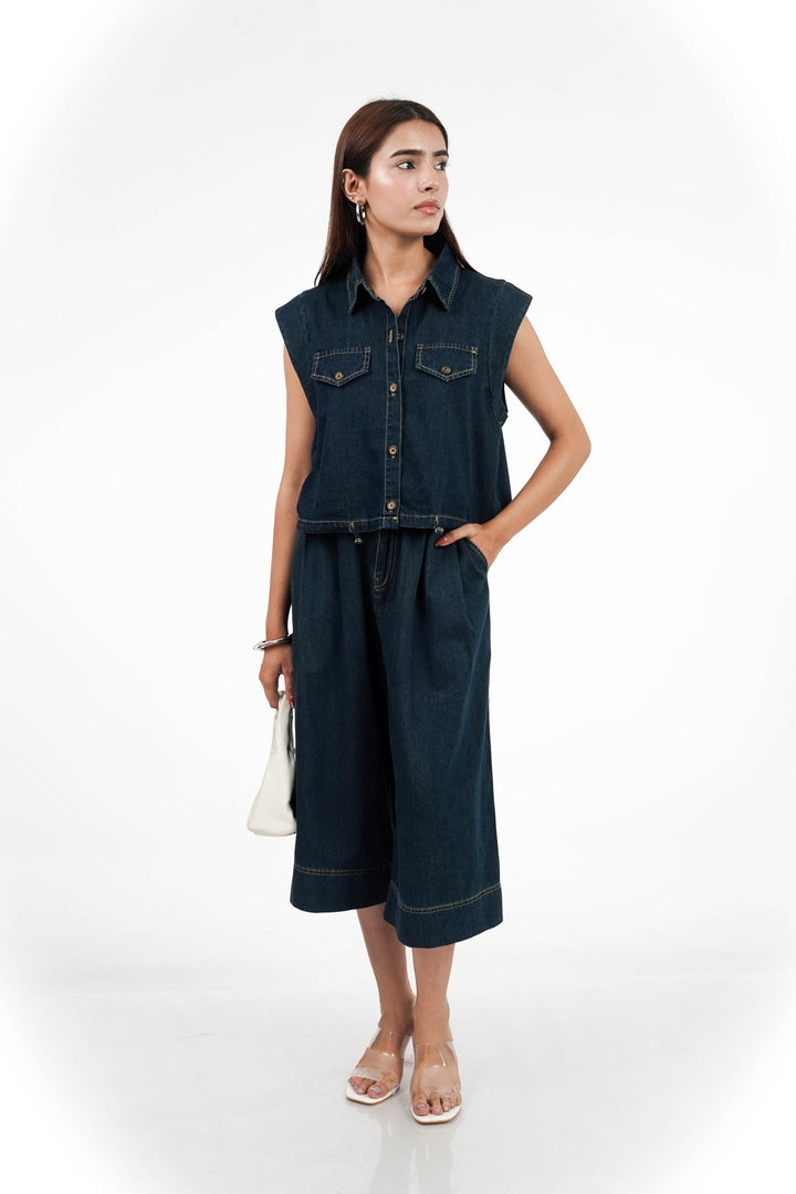 Cotton Denim Shirt And Pant Coord Set