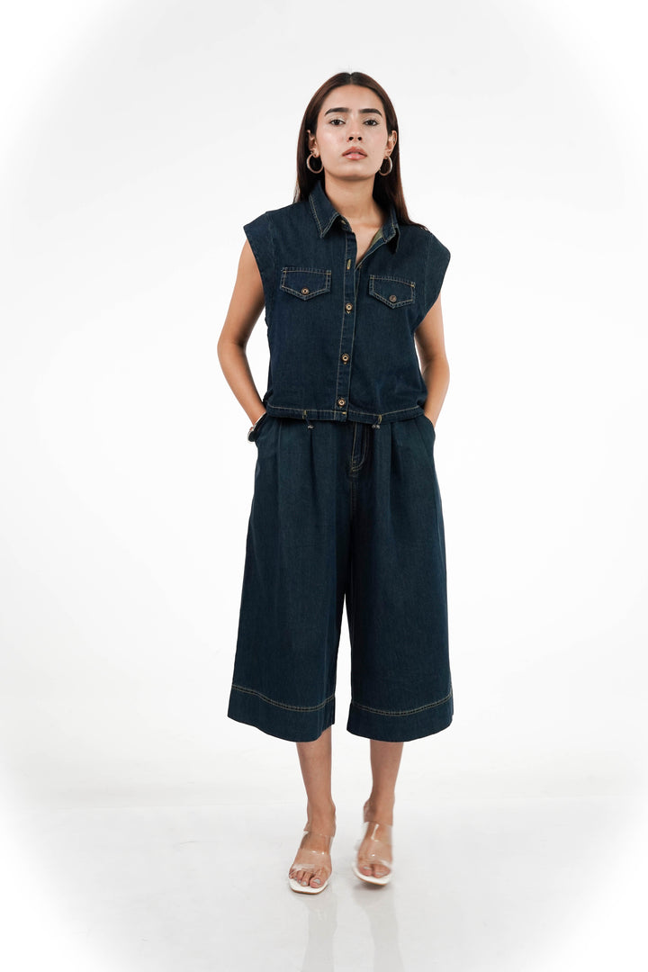 Cotton Denim Shirt And Pant Coord Set