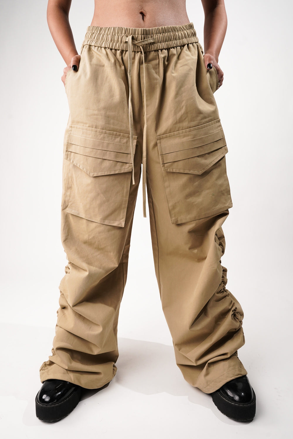 Khaki cargo pants with side shirring detail