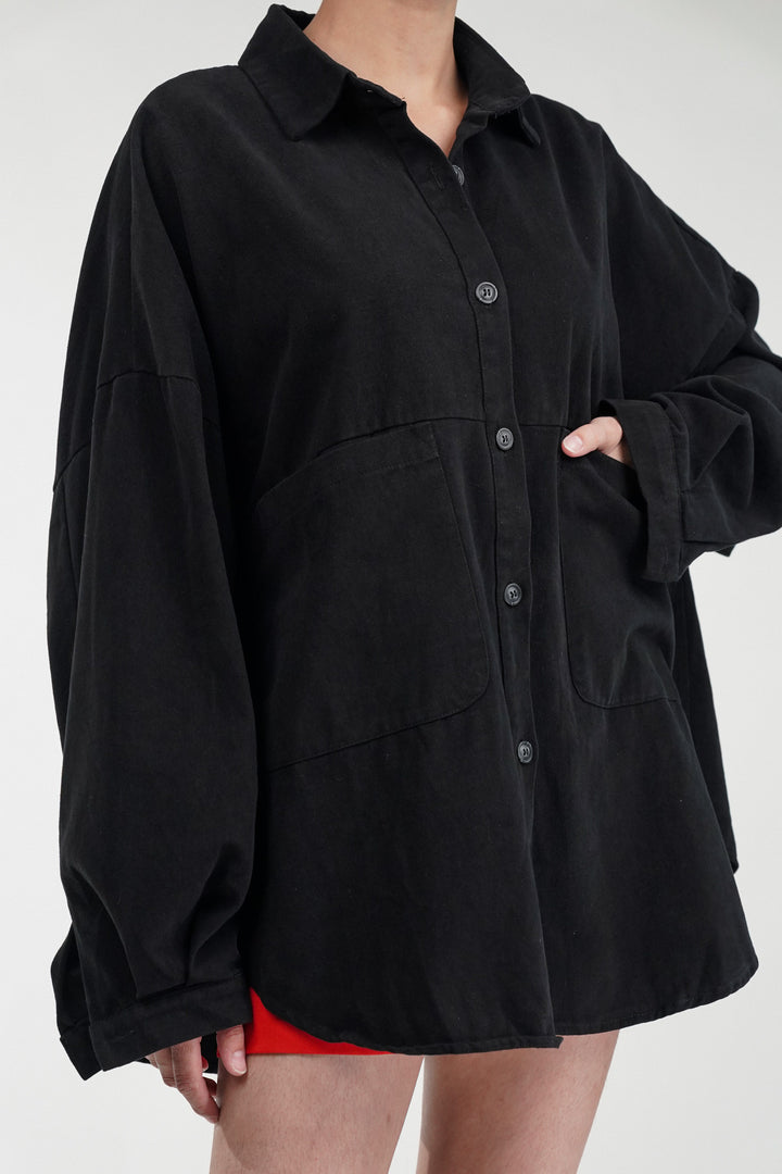 Oversized Black Shacket With Patch Pockets