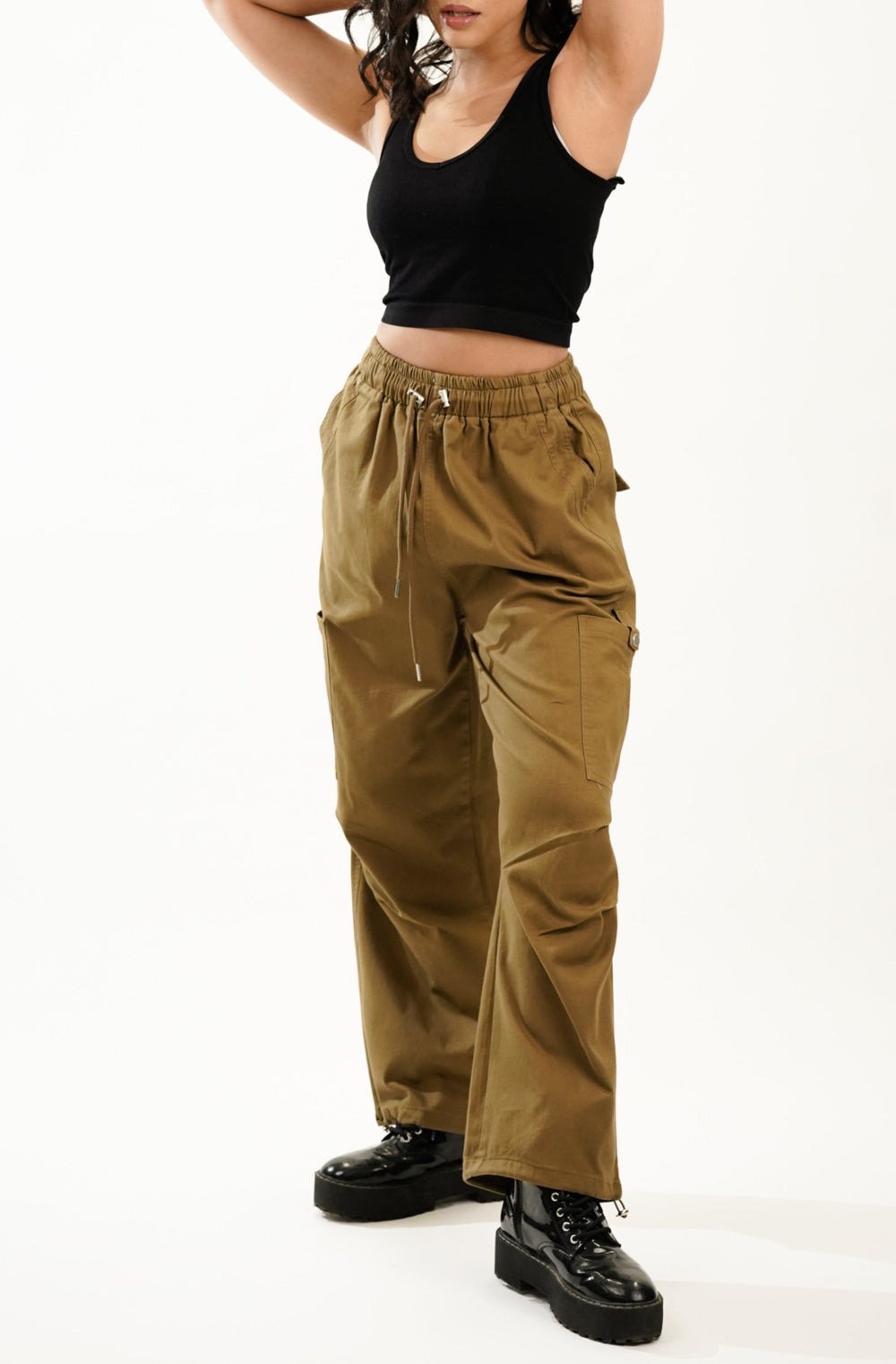 Golden brown cargo pants with drawstring waist