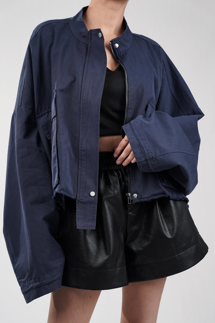 Dapper Navy Oversized Cropped Jacket