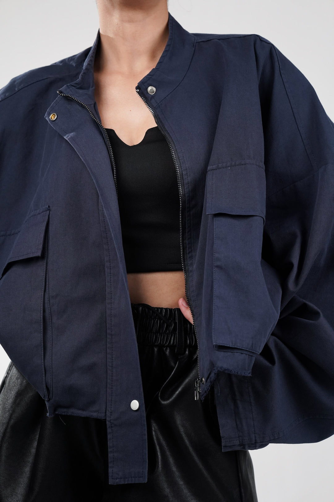 Dapper Navy Oversized Cropped Jacket