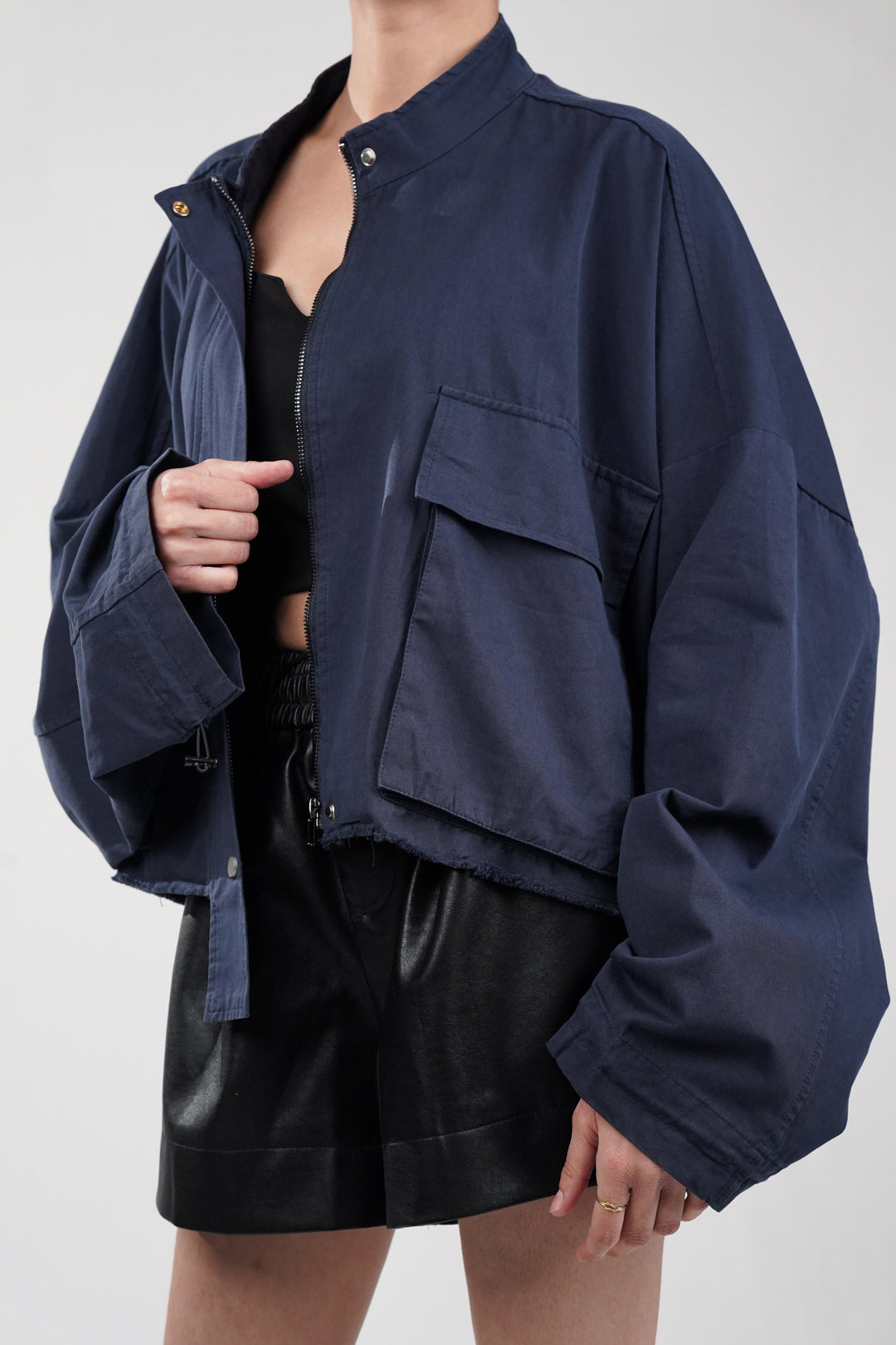 Dapper Navy Oversized Cropped Jacket