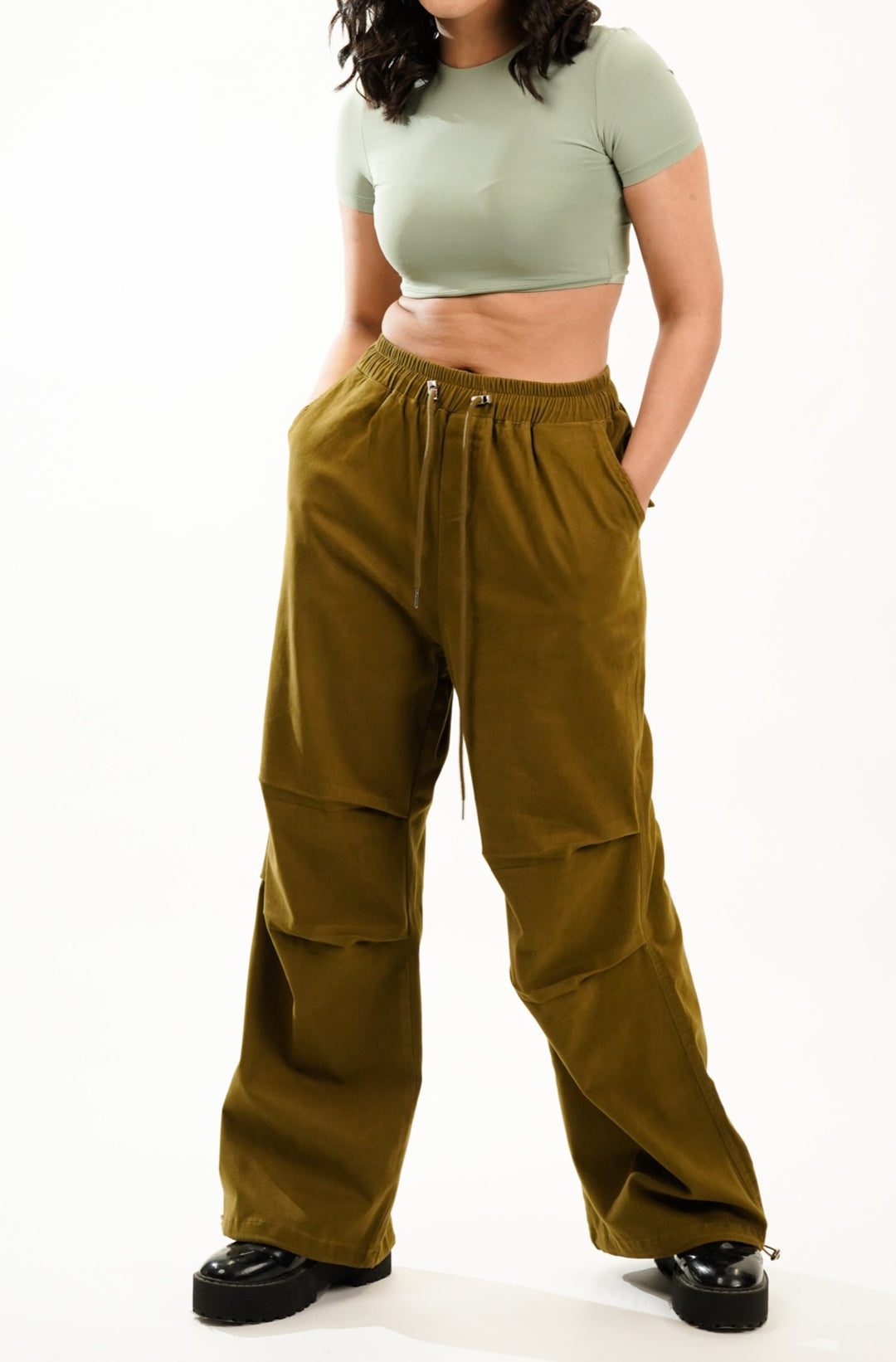 Twill fabric wide leg trousers with elastic waist