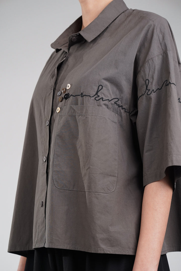 Brown Thread Embroidered Cotton Shirt