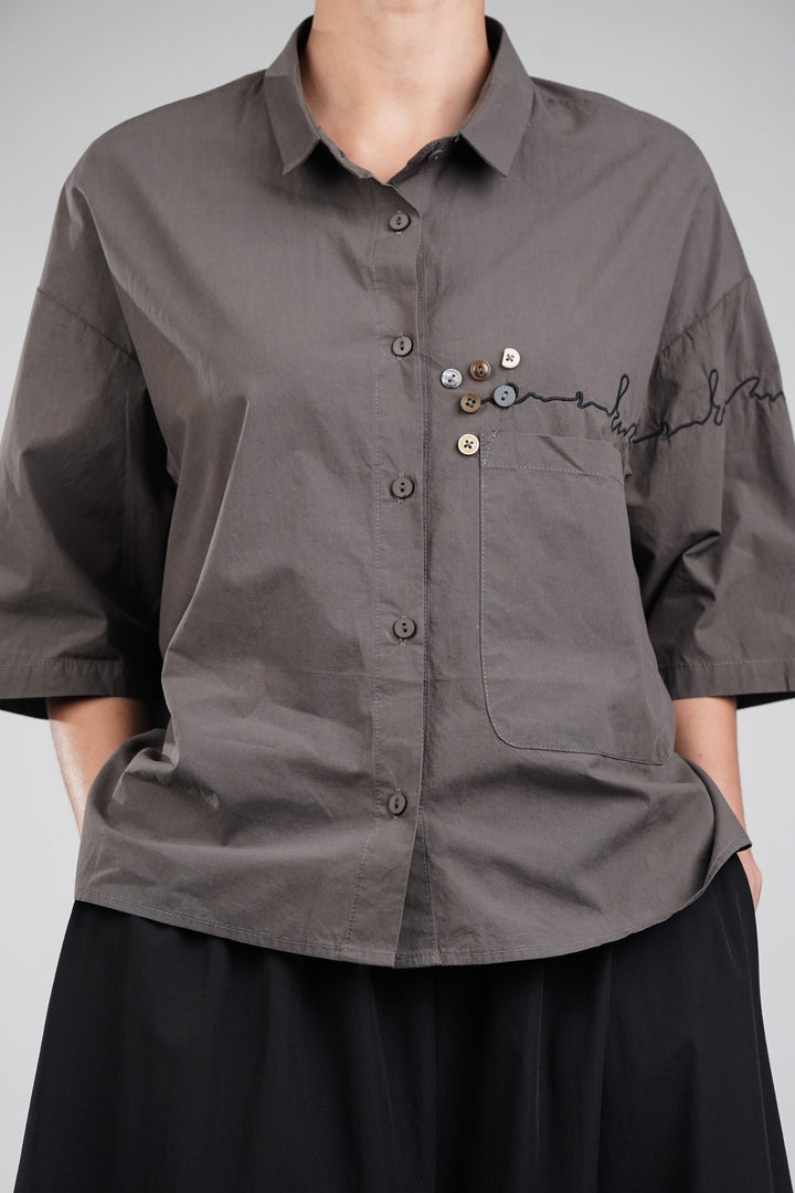 Brown Thread Embroidered Cotton Shirt