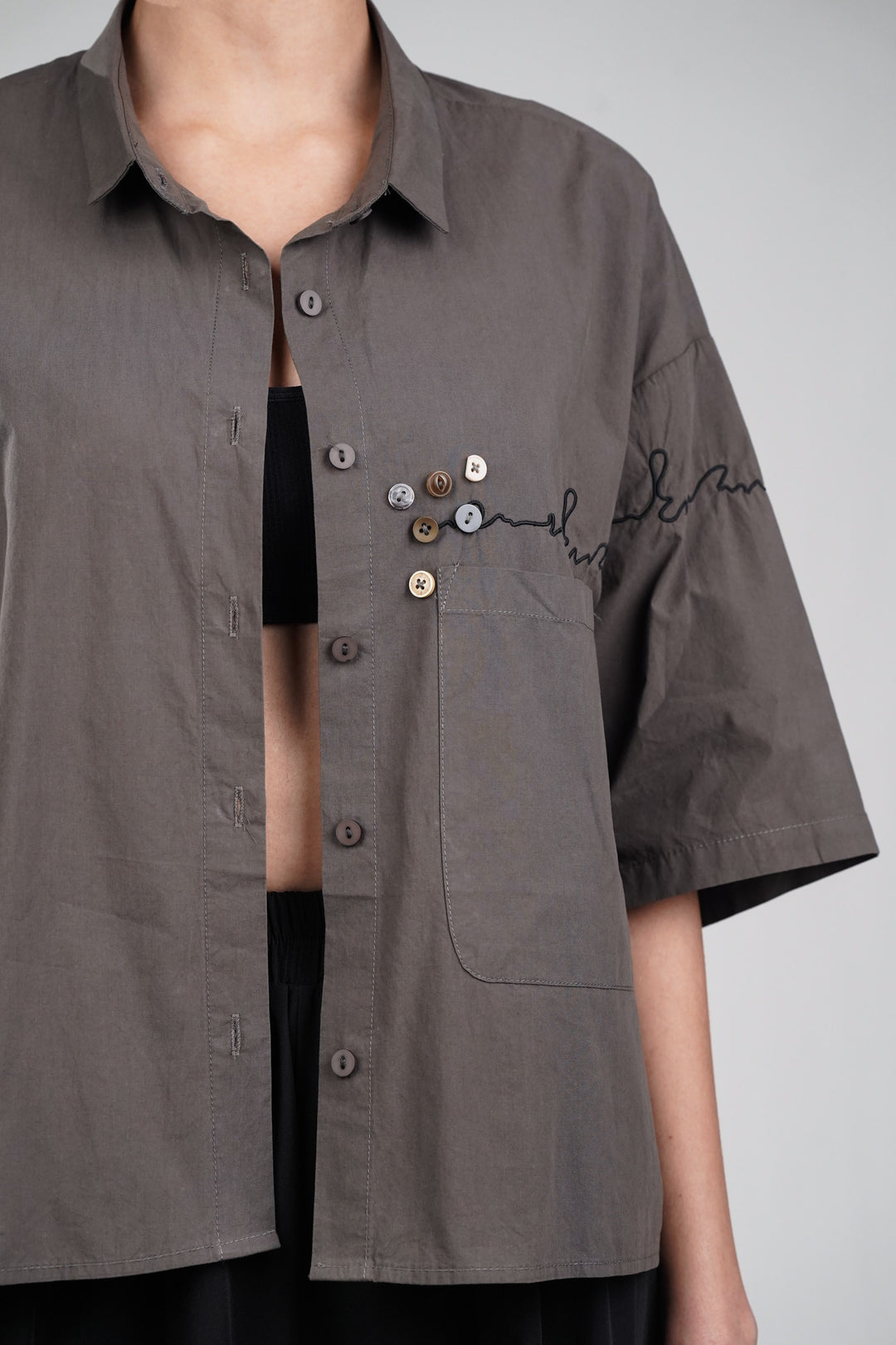 Brown Thread Embroidered Cotton Shirt