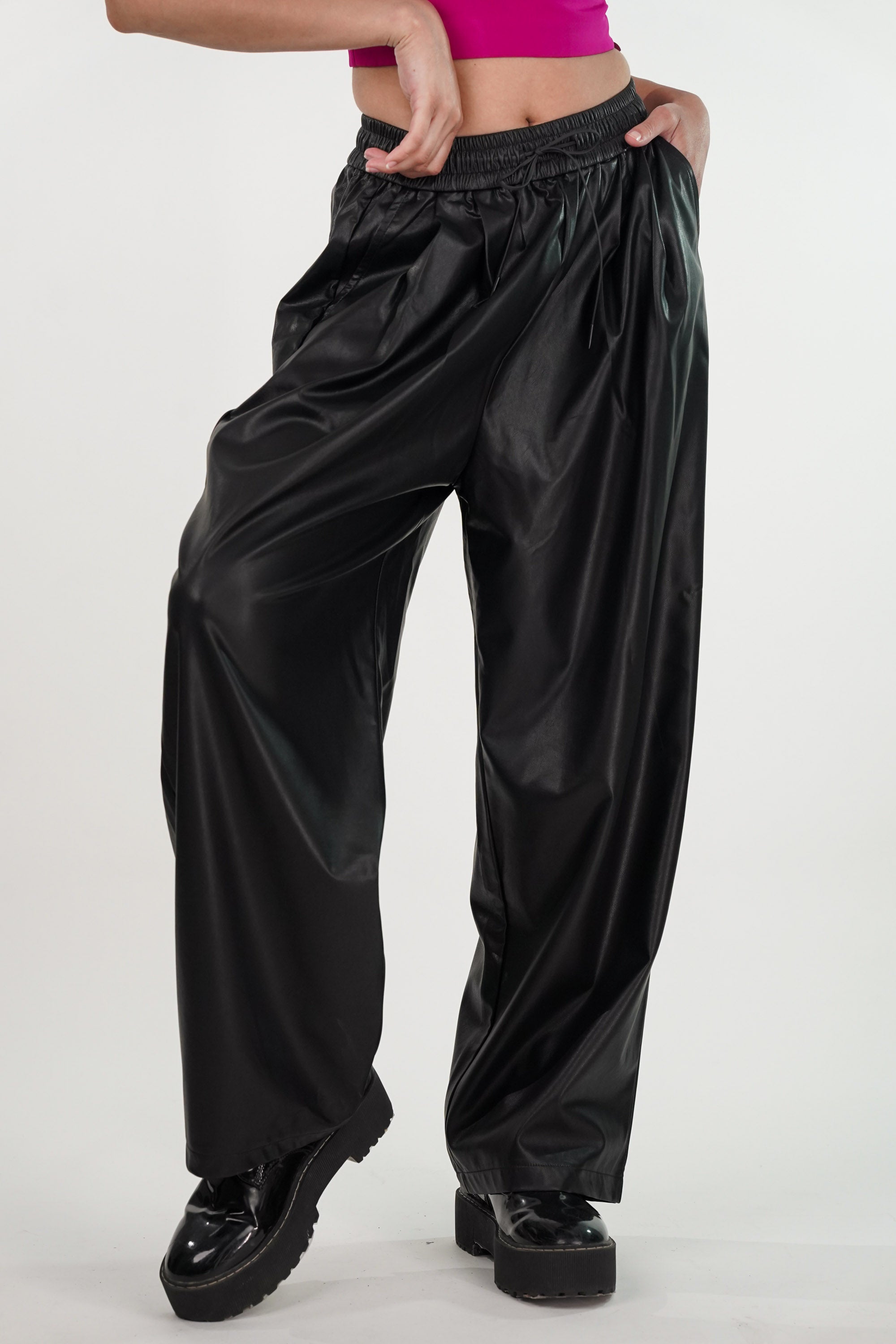 yoke leather like polyester padded pans Sheep Leather Easy Pants(2