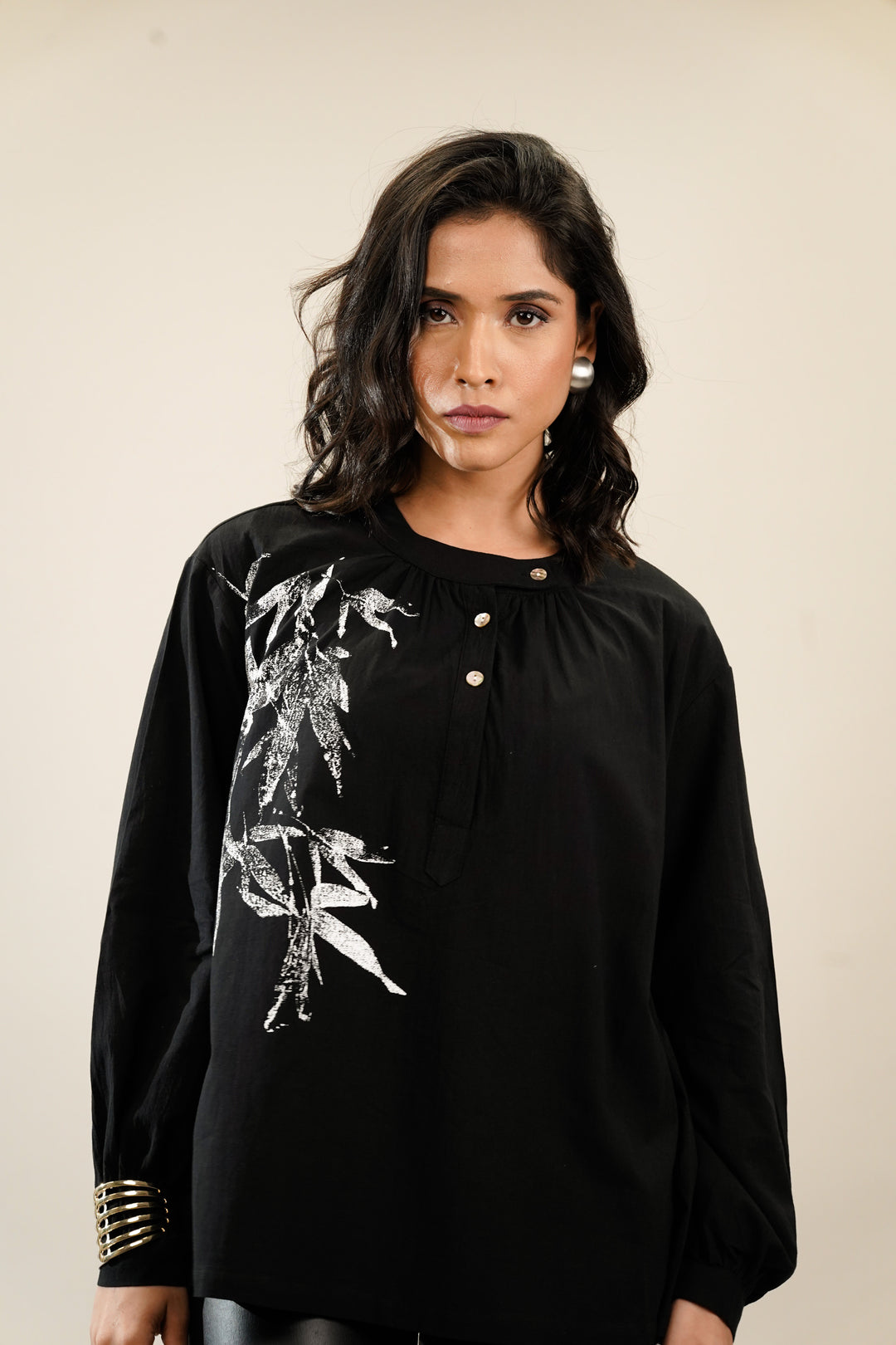 Stylish black cotton top with bamboo print