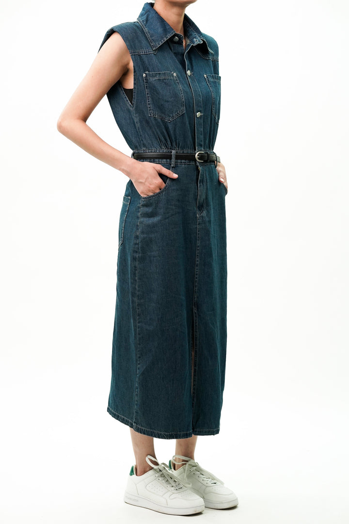 Cotton Denim Dress with Utility Pockets And Belt