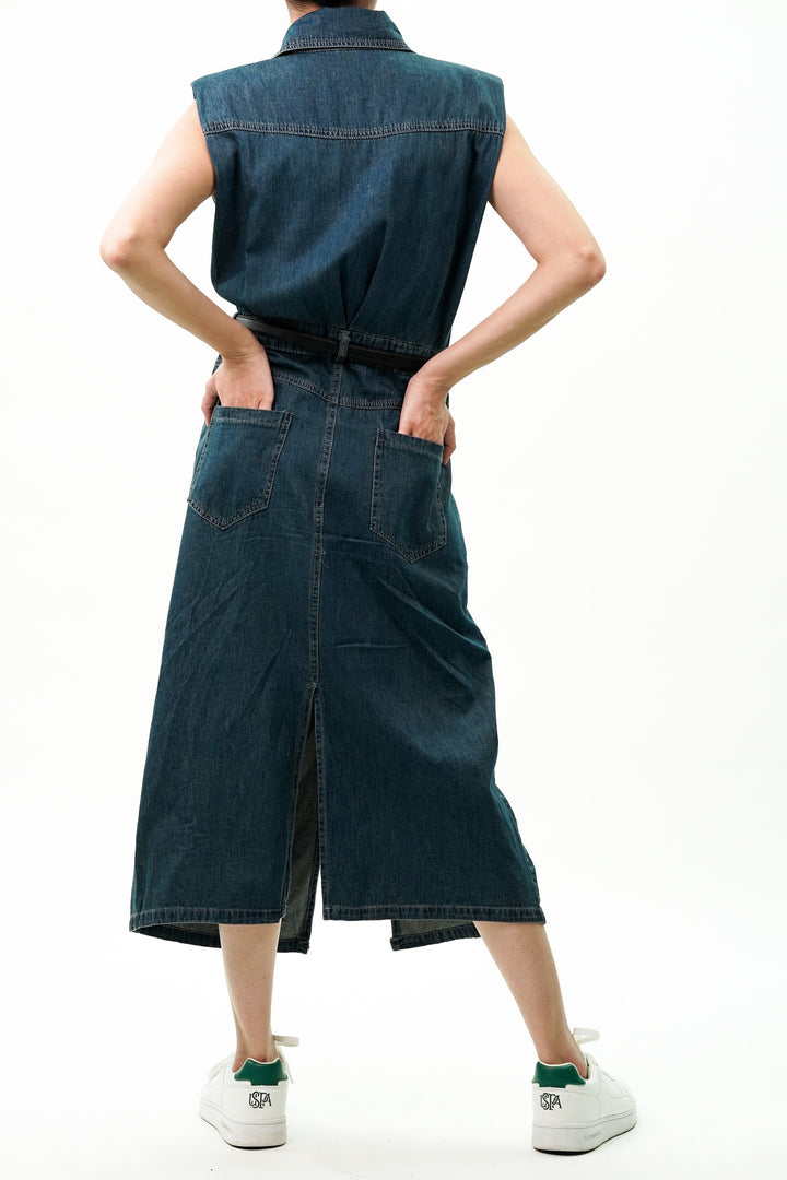 Cotton Denim Dress with Utility Pockets And Belt