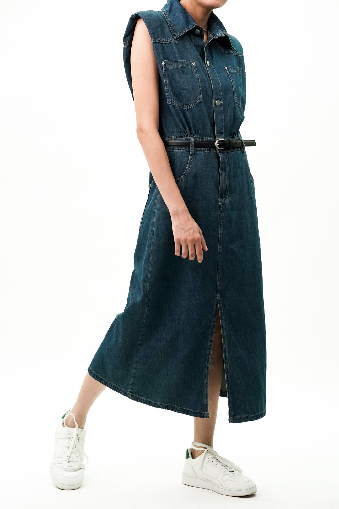 Cotton Denim Dress with Utility Pockets And Belt