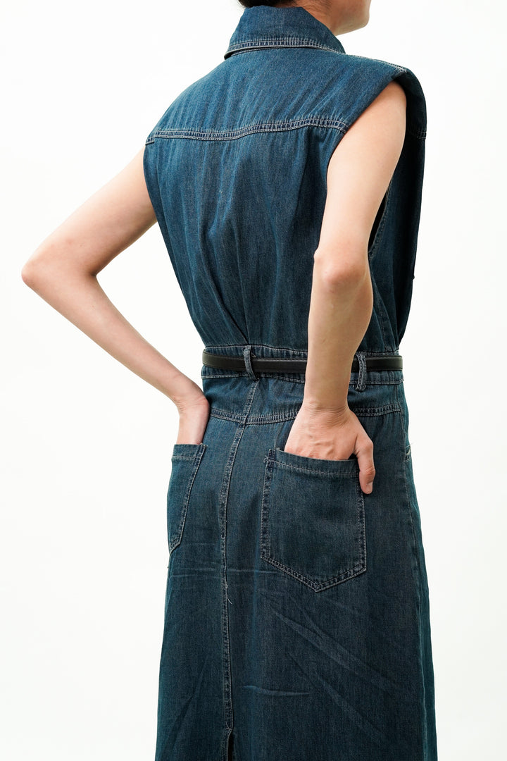 Cotton Denim Dress with Utility Pockets And Belt