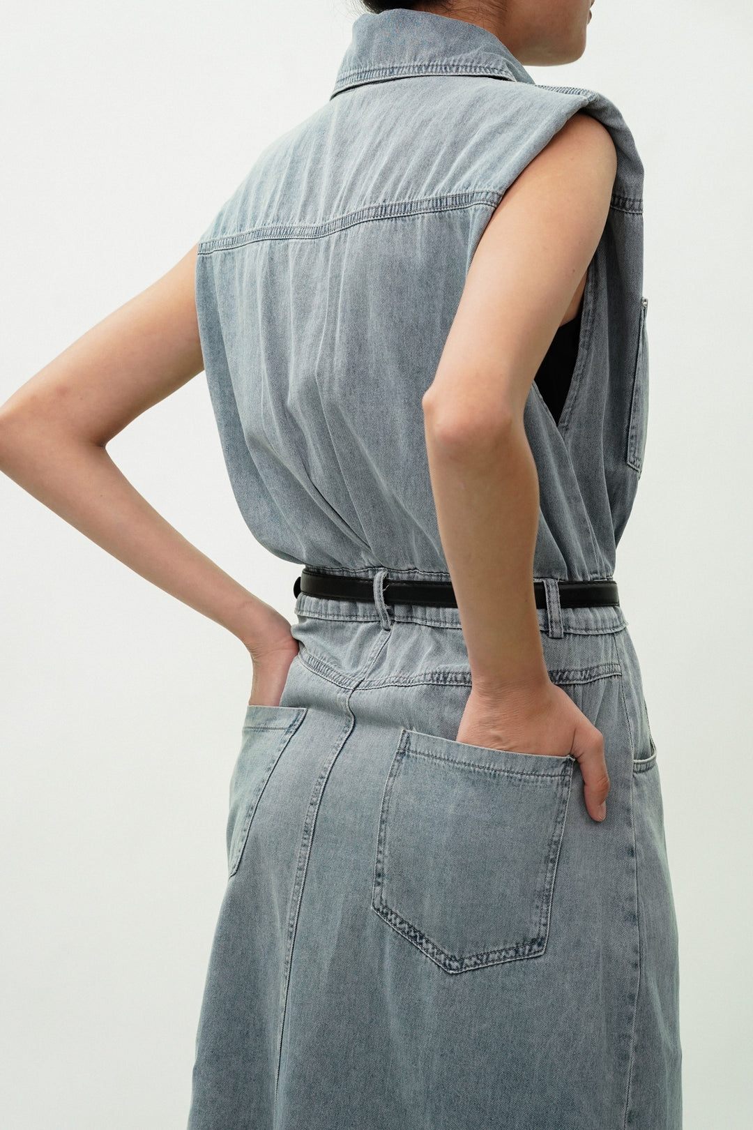 Powder blue dress with pockets and belt