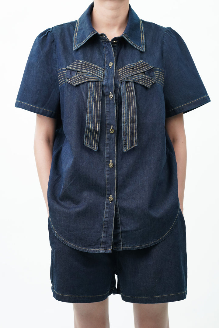 Cotton denim bow coord set for women