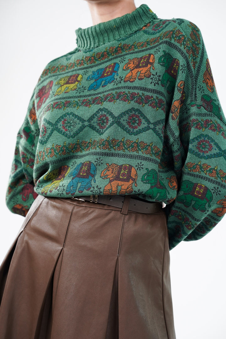 Green Block Print Knitted Sweater