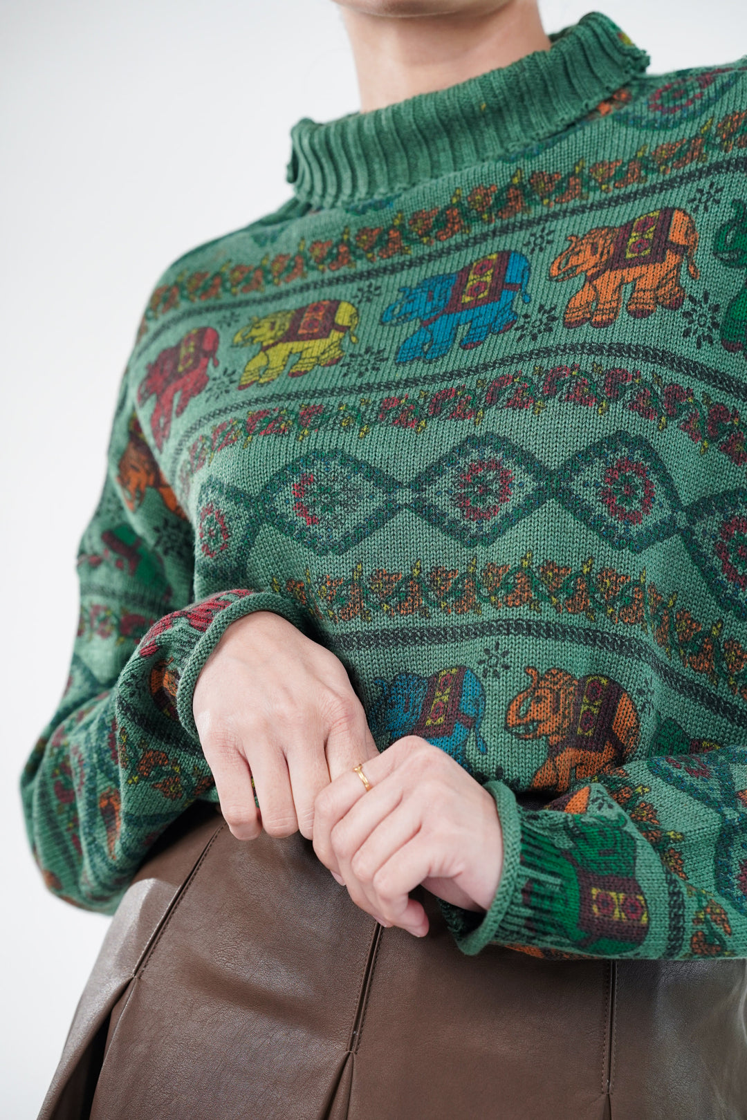 Green Block Print Knitted Sweater